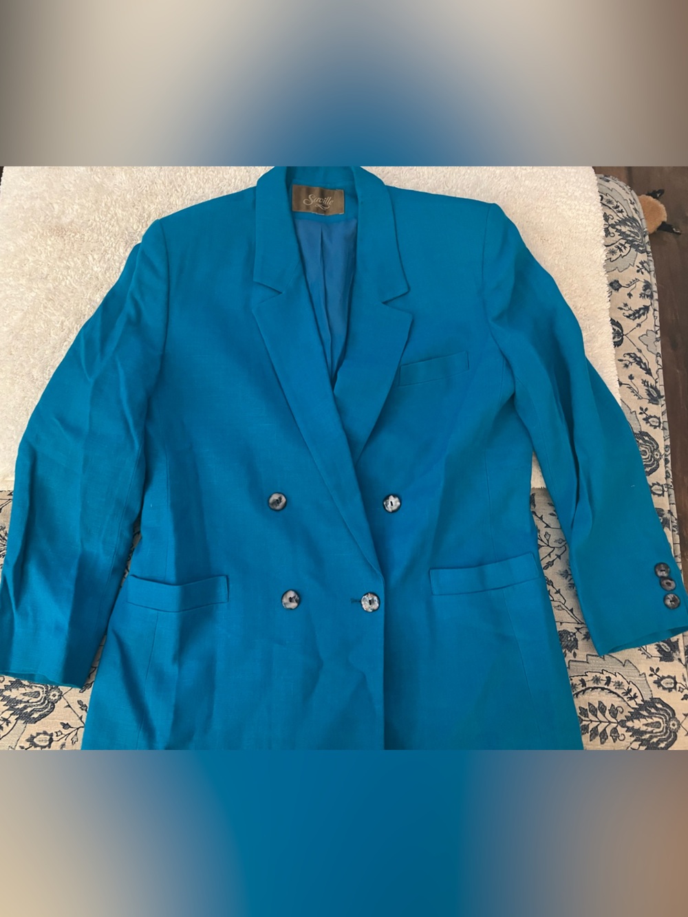 Saville peacock blue double-breasted linen, blazer size 14